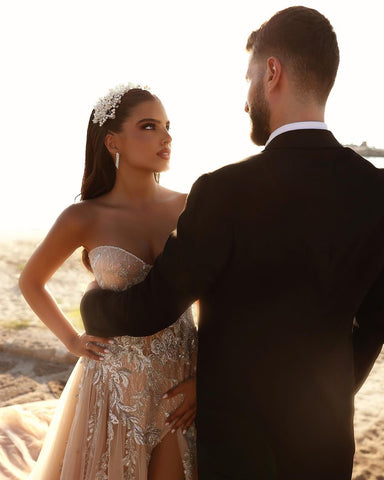 Designer Sweetheart Long A-line Glitter Lace Wedding Dress With Slit