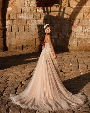 Designer Sweetheart Long A-line Glitter Lace Wedding Dress With Slit