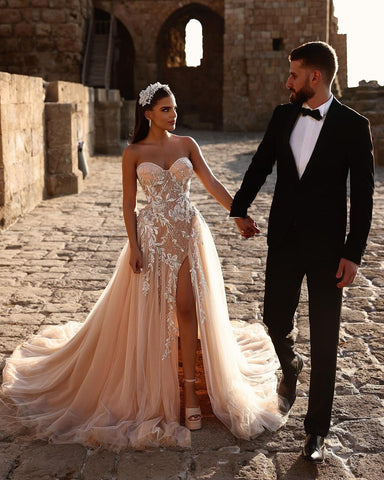 Designer Sweetheart Long A-line Glitter Lace Wedding Dress With Slit
