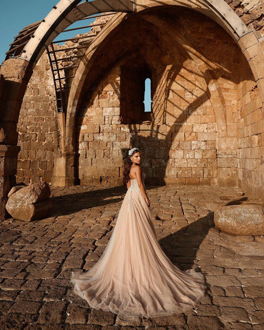 Designer Sweetheart Long A-line Glitter Lace Wedding Dress With Slit