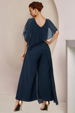 Designer Two Pieces Mother of The Bride Suit Chiffon Scoop Cap Sleeve Bridesmaid Dresses With Ruffles