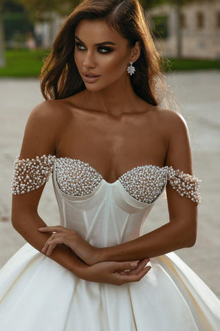 Designer White A-line Off-the-shoulder Wedding Dress With Pearls