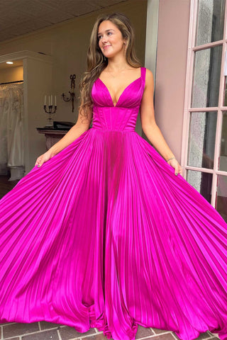 Robe de bal longue plissée fuchsia à col V et coupe trapèze