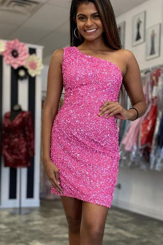 Vestido corto verde de lentejuelas ajustado de un solo hombro para fiesta de bienvenida