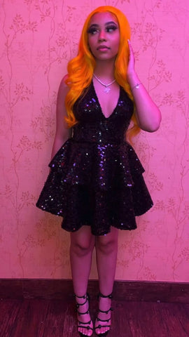 Robe de bal à paillettes noires, décolleté plongeant en V, à volants Y1394