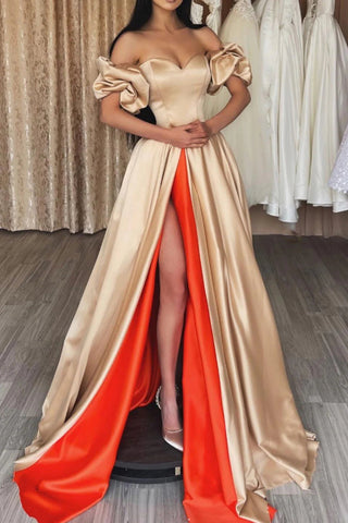 A Line Off the Shoulder Champagne Long Prom Dress with Split Front