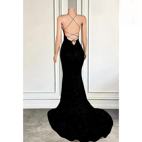 Vestido de fiesta de noche brillante con abertura y tirantes cruzados, sexy y sexy, corte trompeta/sirena