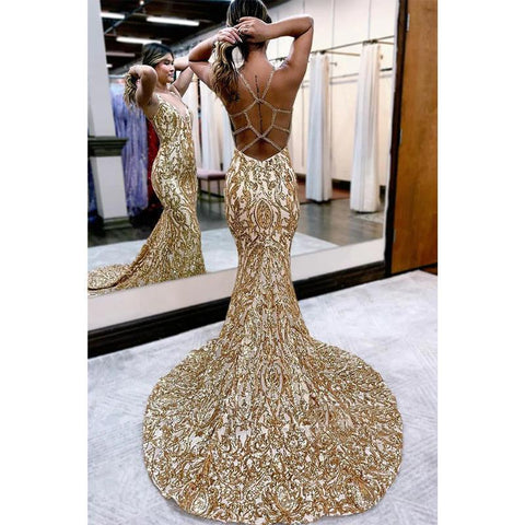 Vestido de fiesta largo de sirena con tirantes en V y lentejuelas, con aberturas.