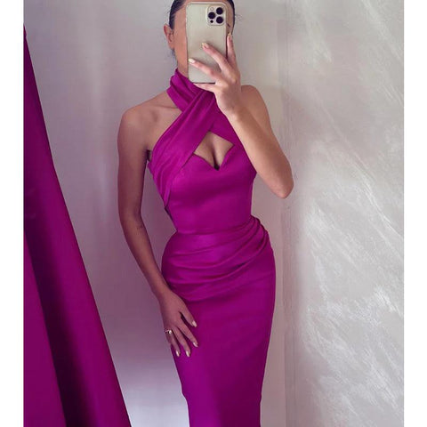 Vestido de fiesta formal largo con cuello halter y corte tubo/columna 