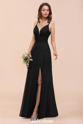 Double V-Neck Front Split Bridesmaid Dress Formal Party Dress for Wedding Black