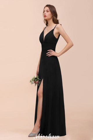 Double V-Neck Front Split Bridesmaid Dress Formal Party Dress for Wedding Black