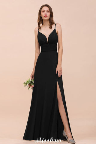 Double V-Neck Front Split Bridesmaid Dress Formal Party Dress for Wedding Black