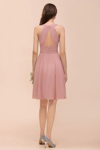 Dusty Pink Knee Length Bridesmaid Dress Halter Chiffon Maid of Honor Dress