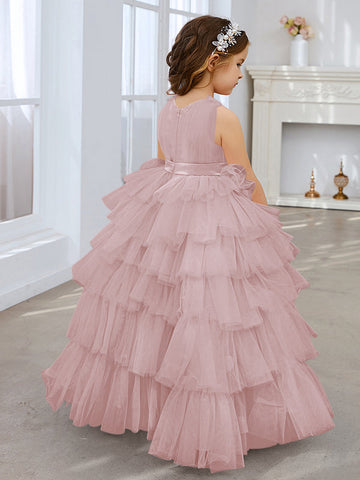 Ball-Gown/Princess Pearl Pink Sleeveless Tulle Bow Flower Girl Dress (010220814)