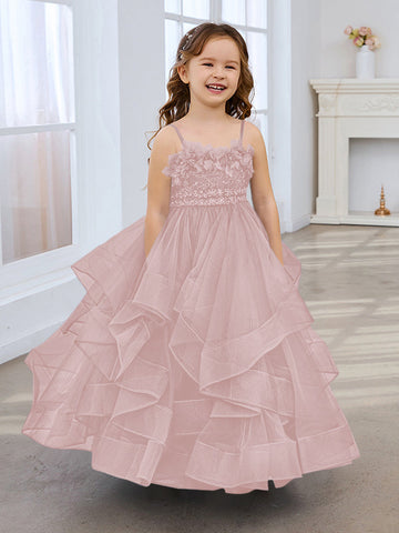Slate Blue A-Line Princess Sleeveless Tulle Flower Girl Dress