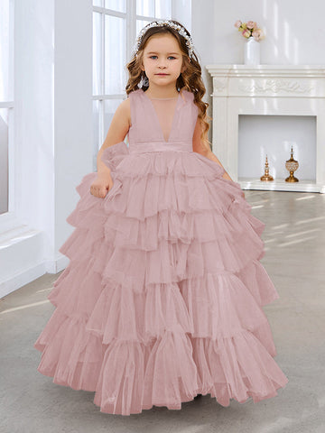 Ball-Gown/Princess Pearl Pink Sleeveless Tulle Bow Flower Girl Dress (010220814)