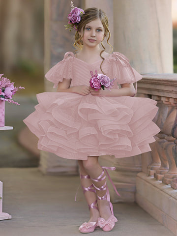 Ball-Gown/Princess Tulle Knee-length Birthday Flower Girl Dress
