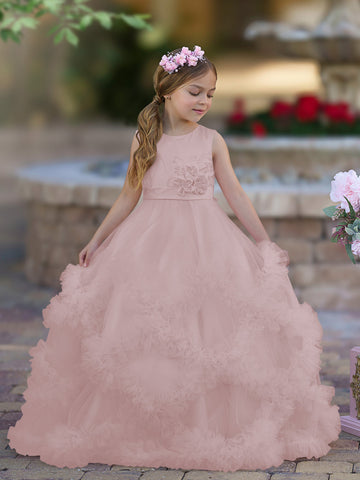 A-line Satin Tulle Floor-length Cascading Ruffles Flower Girl Dress