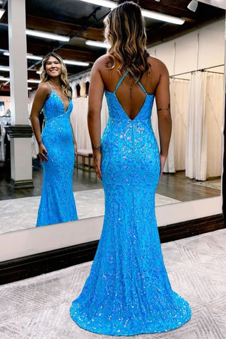 Mermaid Spagheeti Straps Blue Long Prom Dress with Appliques