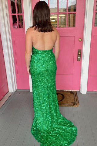Robe de bal longue verte à sequins, fourreau, décolleté en V profond et fente sur le devant