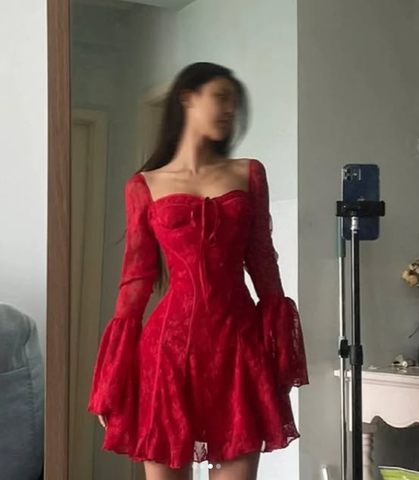 Vestido de fiesta sexy rojo de encaje con mangas acampanadas Y7655