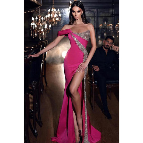 Robe de soirée longue sirène sexy sans bretelles à paillettes avec fente 