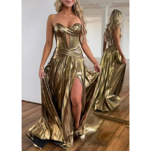 Vestido de noche estilo imperio sin mangas, escote corazón, sin tirantes y abertura lateral para fiesta de graduación 