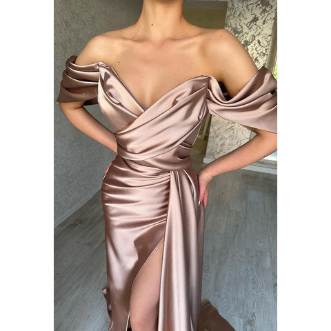 Sheath/Column Off-Shoulder Satin Ruched Long Prom Evening Formal Dress