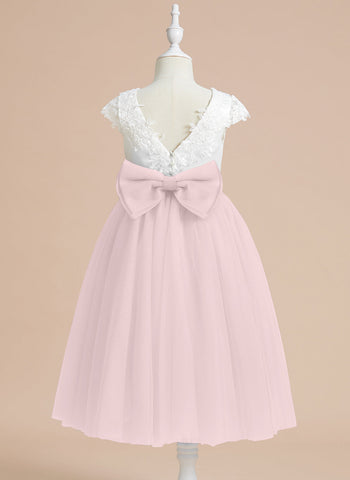 A-line Satin Tulle Tea-length First Communion Flower Girl Dress