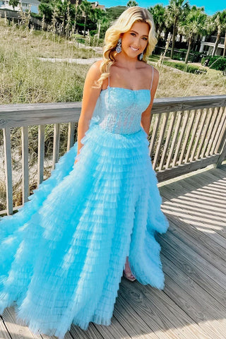 A Line Spaghetti Straps Tulle Tiered Long Corset Prom Dress