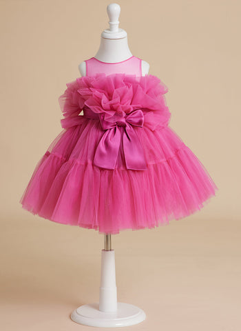 Enchanting Pink Princess Sleeveless Tulle Flower Girl Dress with Bow Accent (010224355)