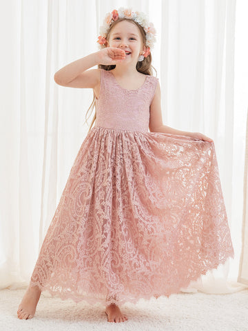 A-line Lace Ankle-length Ivory Boho Flower Girl Dress