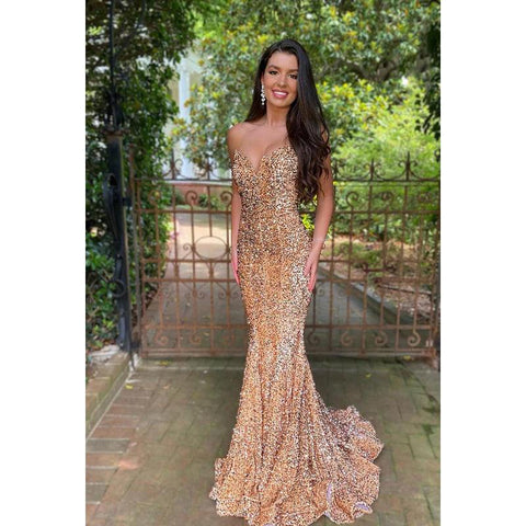 Vestido formal de noche de graduación con escote en V, sin mangas, con lentejuelas y cuentas, corte trompeta/sirena