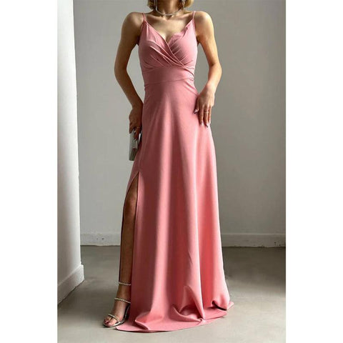 Robe de soirée longue simple et sexy à bretelles et col en V avec fente 