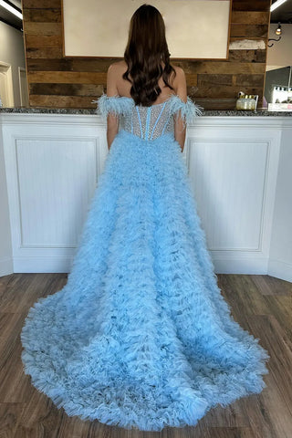 Off the Shoulder Tulle Tiered A-Line Long Corset Prom Dress with Feather