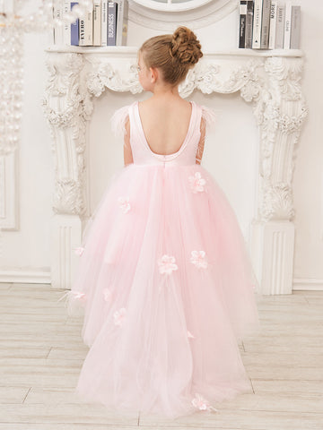 Princess Sleeveless Tulle Flower Girl Dress with Beading and Feather Bow (010224704)