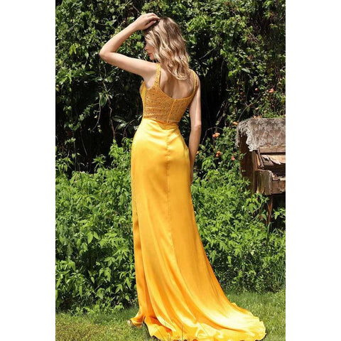 Vestido de noche largo con escote en V, lentejuelas y cuentas, con abertura