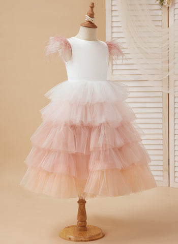 Pink Tulle Tea-Length Princess Dress with Feathered Sleeves for Flower Girls (010224240)
