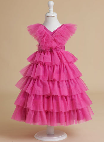 Ball-Gown/Princess Pink Sleeveless Tulle Flower Girl Dress with Ruffles