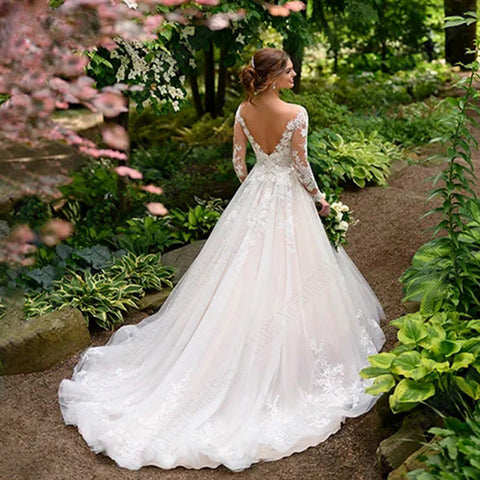 Vintage Wedding Dresses For Women Appliques Long Sleeves Bride Gowns Backless A Line Vestidos De Noiva Mariage