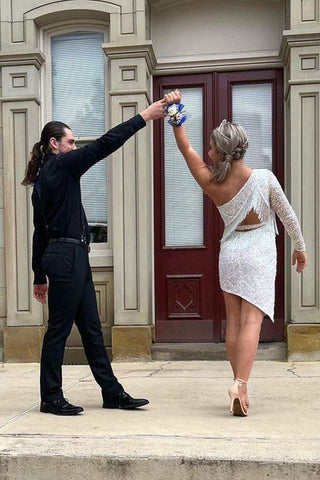 Vestido corto de fiesta de bienvenida, brillante, de un solo hombro, color azul cielo con lentejuelas y flecos