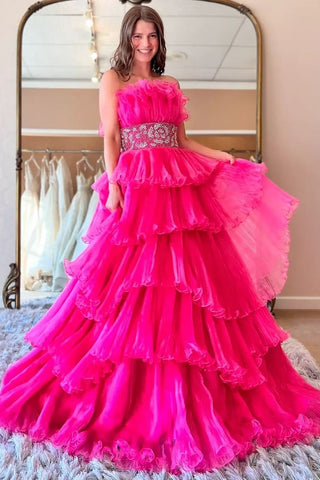 Trendy A Line Strapless Blue Tired Long Prom Dress with Beading