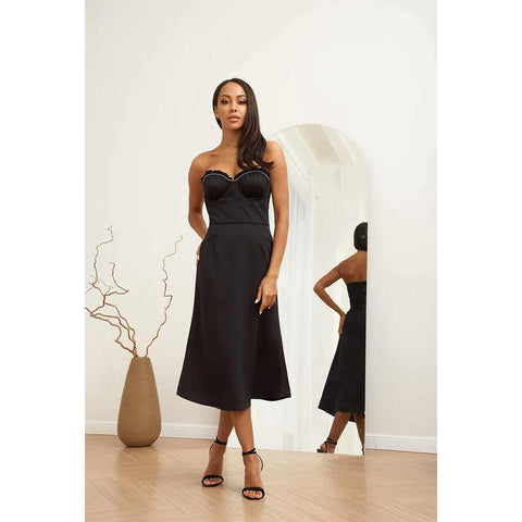 Vestido de fiesta de noche midi de satén fruncido con cuentas, sin mangas y sin tirantes con escote corazón 