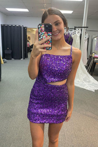 Stylish Sheath One Shoulder Purple Sequins Short Homecoming Dress with Cut Out