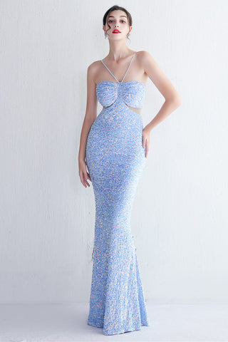 Robe de bal longue sirène noire à sequins et décolleté en V, avec découpe en forme de goutte d'eau.