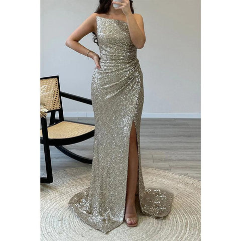 Robe de soirée longue à plis et paillettes, fourreau/colonne, sans bretelles 