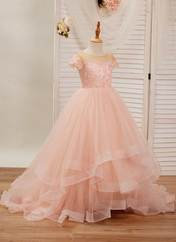 Ball-Gown/Princess Lace Tulle Sweep Train Pink Dress (2003226644)