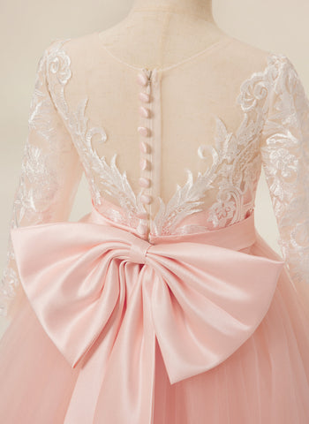 A-line Long Sleeves Lace Tulle Flower Girl Dresses Pink (2003227575)