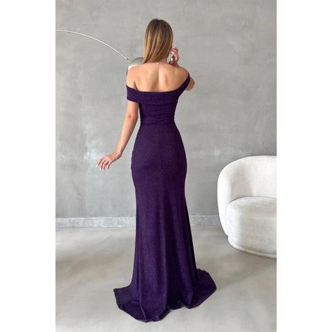 Vestido largo de fiesta formal con escote en V y hombros descubiertos, abertura lateral y brillo 