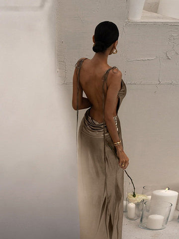 Metallic Coated Deep Neck Backless Evening Dress